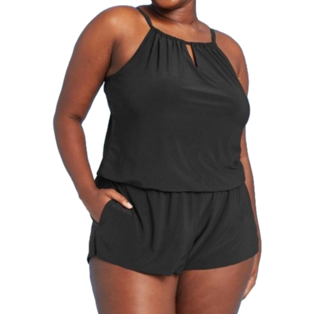 High Neck modest black plus size Swim Romper with Pockets - Aqua Green nwot